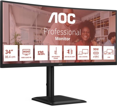 34" AOC CU34E4CV, Curved VA 3440x1440, 1 ms, 120Hz FreeSync, 1500R, höjdjusterbar, 2xHDMI/DP/USB-C 90W, högtalare, USB 3.2-hubb, 5 års garanti#1
