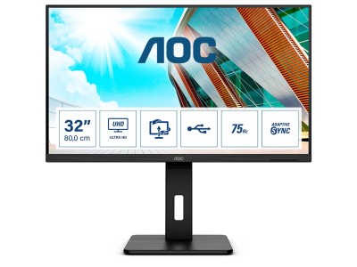 31.5" AOC U32P2CA, VA 3840x2160, 4 ms, höjdjusterbar, pivot, 2xHDMI/DP/USB-C 65W, högtalare, USB 3.2-hubb
