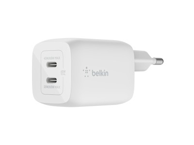 AC-adapter Belkin Boost Charge Pro 65W, Dual USB-C GaN Wall Charger med PPS - Vit
