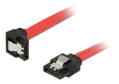 SATA3 kabel DeLOCK, med lås-clips, vinklad nedåt-rak, 50 cm - Röd