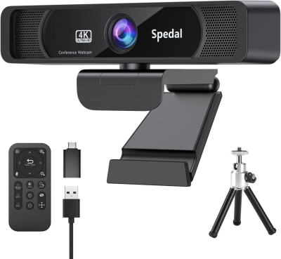 Spedal 4K-webbkamera, 120° vidvinkel, mikrofoner, fjärrkontroll och stativ (USB-A/C) för zoom, Skype, Teams och streaming