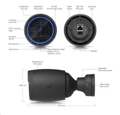 Ubiquiti Networks AI Professional, 4K@30fps, 8MP, 3X zoom, inomhus/utomhus, dag/natt, IR 25 meter, PoE - Svart#3