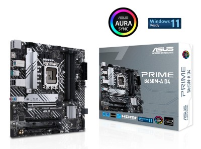 Asus Prime B660M-A D4, Intel LGA1700, PCI Express, MicroATX, 4xDDR4, 2xM.2 + SATA3, 2xHDMI/DP, USB-C, GigaLAN, Aura Sync RGB