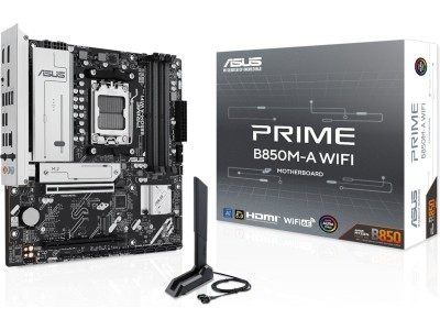 Asus PRIME B850M-A WIFI, AMD AM5, MicroATX, 4xDDR5, 3xPCI Express, 3xM.2 + SATA3 RAID, HDMI/2xDP, USB-C, 2.5Gbe LAN, WiFi 6E, Bluetooth 5.3, Aura Sync RGB
