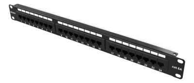 19" Patchpanel Deltaco, 24xRJ45, Cat6a, 1U, 500 MHz, 10Gbps, Kroneplintar, svart, metall