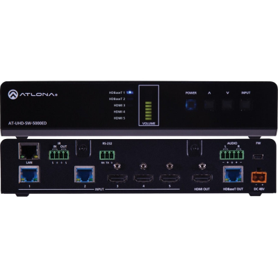 Atlona HDMI/HDBaseT Switcher, 4K/UHD, RS-232, Ethernet, IR, PoE, speglade HDMI och HDBaseT utgångar, 100m