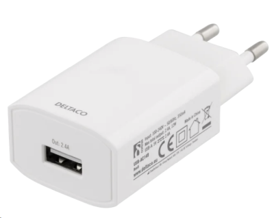 Väggladdare, 100-240 V, 5 V, 2,4 A, 1x USB-A, vit