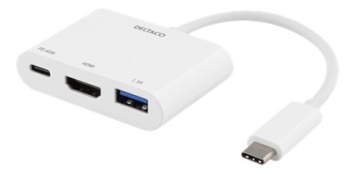 DELTACO USB-C dockningsstation, HDMI/USB-A/USB-C, 60W USB-C PD, vit