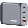 AC-adapter Verbatim GaN Charger 100W, 3xUSB-C / 1xUSB-A, inkl. reseadapter EU/UK/US